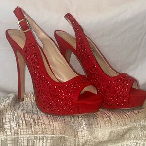 Shoe Dazzle Red Crystal Peep-Toe Slingback Heels